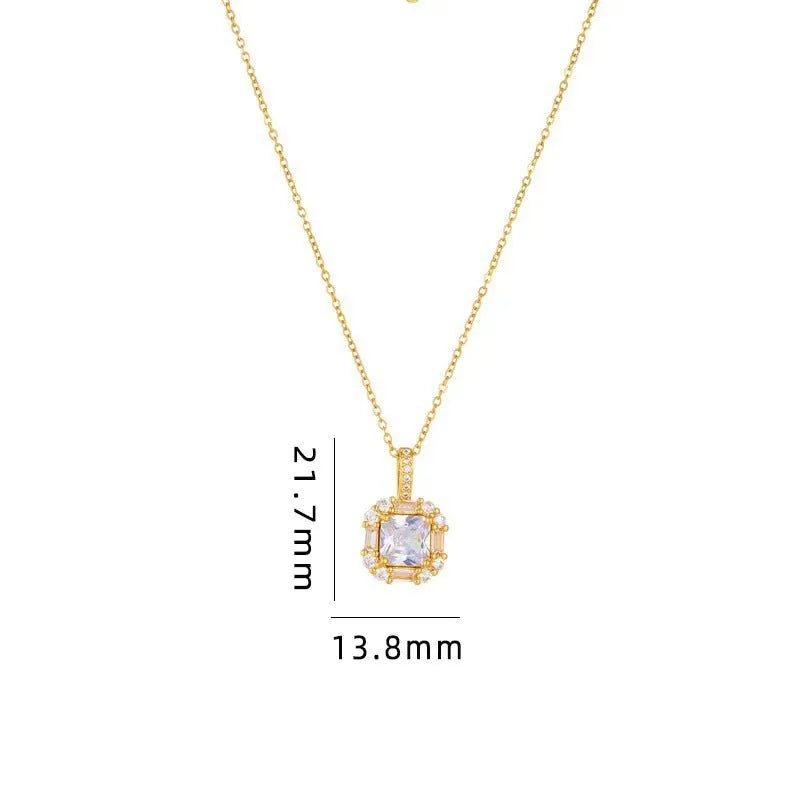 Women's titanium steel geometric pendant necklace with mixed gem inlay on water wave chain
