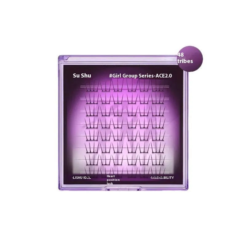 Pack of reusable individual false eyelash clusters with glue and tweezers on a pink background
