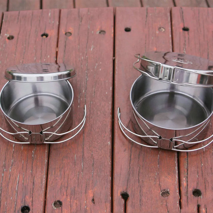 Silver stainless steel camping cookware pot set with 4-piece round design for 2-3 people