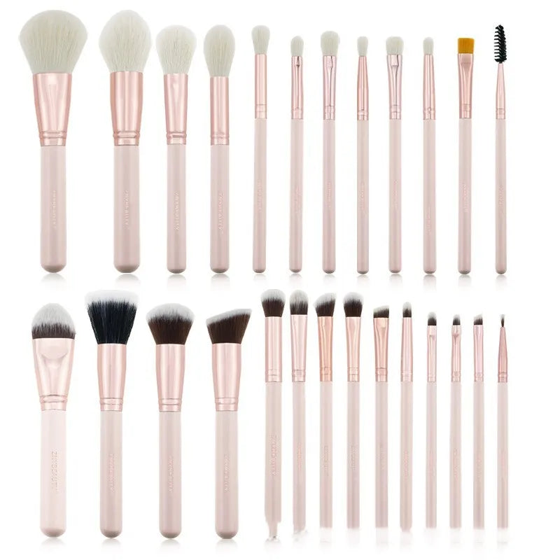 26 pink makeup brushes with wooden handles arranged in PU storage bag
