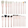 26 pink makeup brushes with wooden handles arranged in PU storage bag