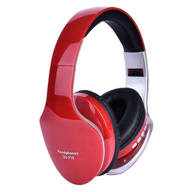 HobbyLane Bluetooth headset in black, red, or white colours showing over-ear design and included auxiliary cable.