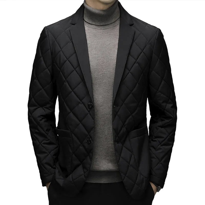 Men's black lapel-style down jacket with side pockets shown in cardigan design