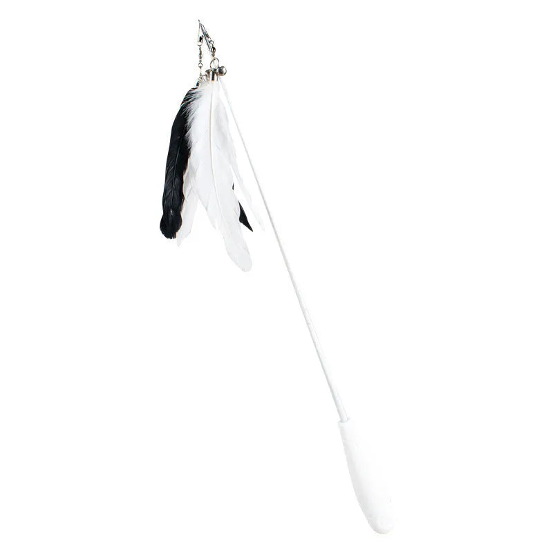 Telescopic cat fishing rod toy with goose feather teaser and bell, shown extended and collapsed.