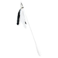Telescopic cat fishing rod toy with goose feather teaser and bell, shown extended and collapsed.