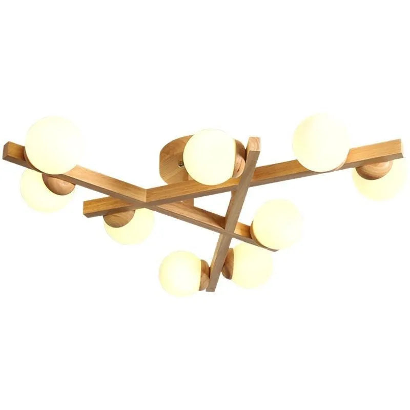 Modern wooden-style Nordic ceiling light fixture with three adjustable heads.