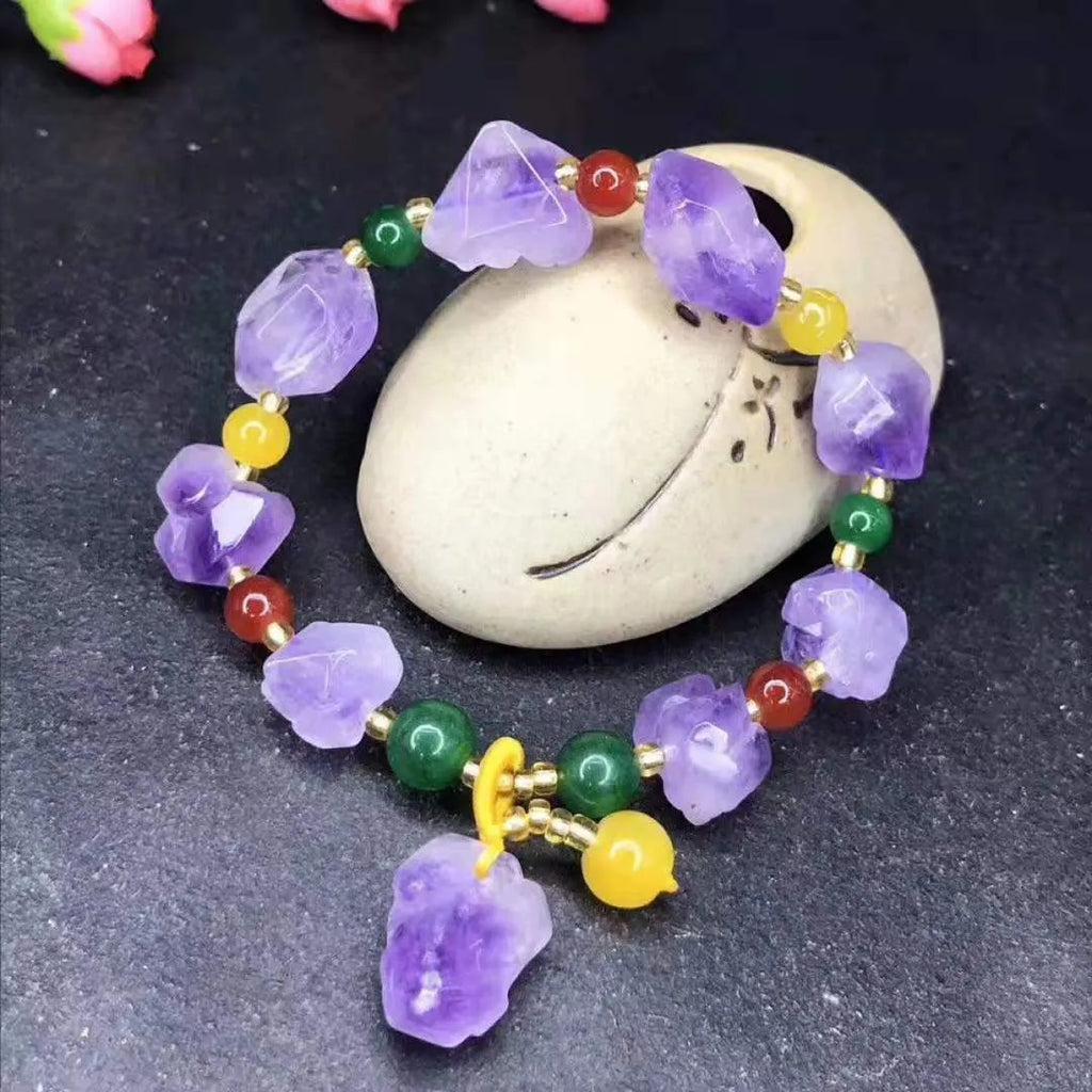 Natural shaped amethyst bead bracelet with traditional fu character charm for women