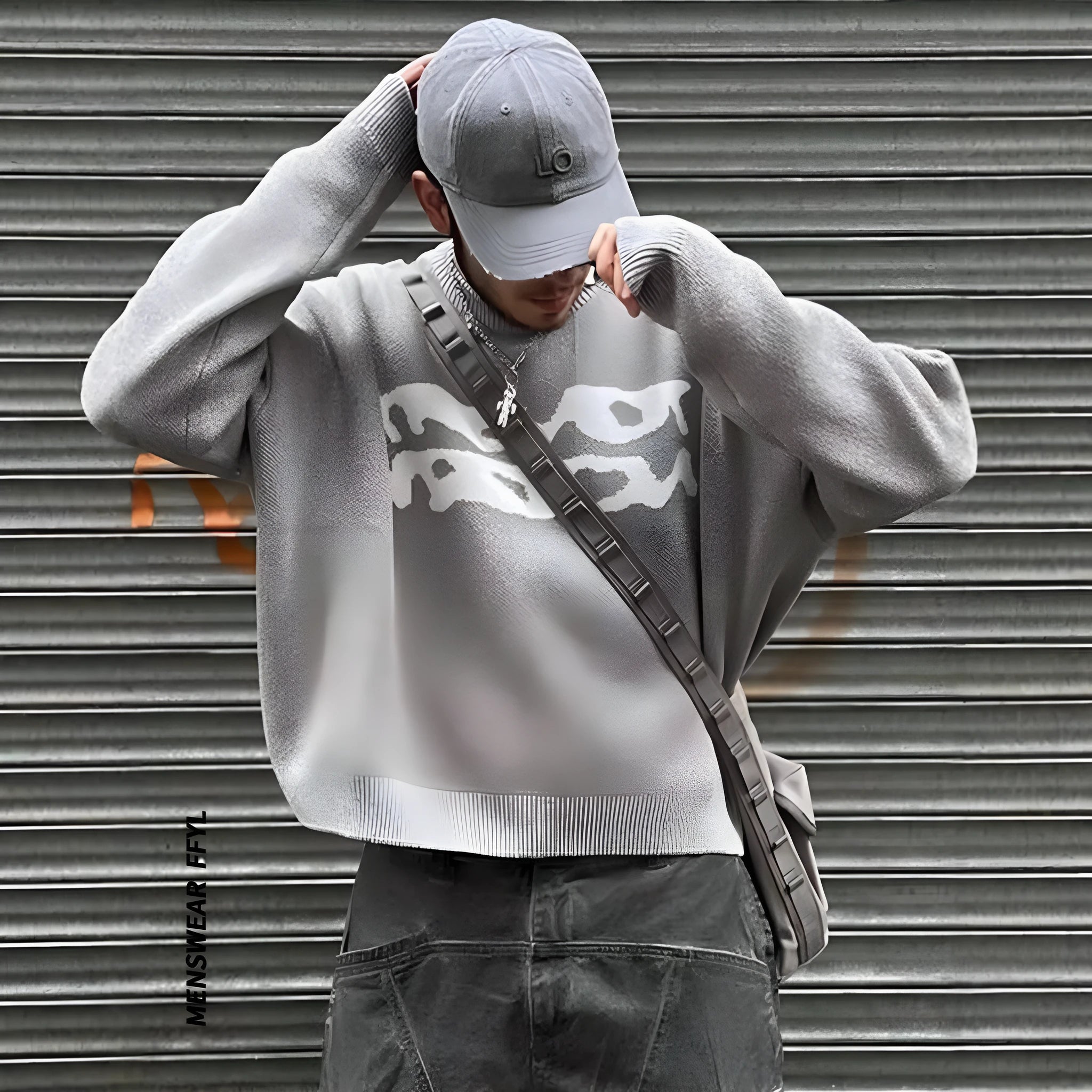 Loose geometric jacquard pullover knitted sweater in gray, front view, showing textured pattern and relaxed fit