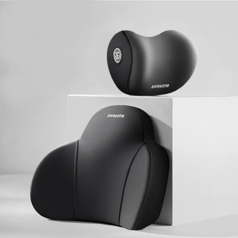 Automotive memory foam headrest and lumbar support pillows with cotton covers in various two-tone colours.