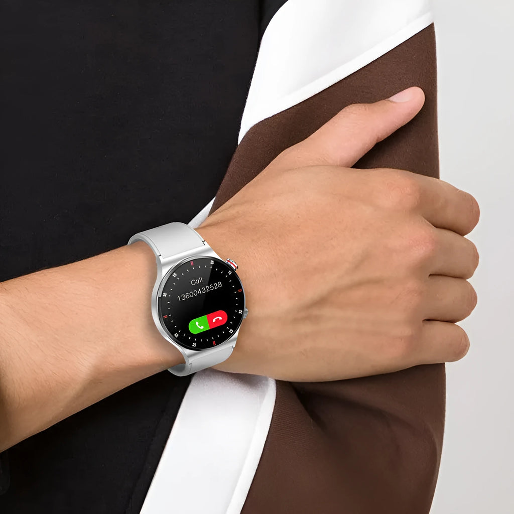 Black smart sports watch with silicone band showing a 1.28-inch display with health metrics.