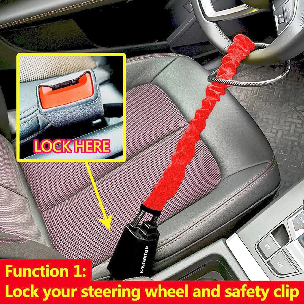 Red iron car steering wheel wire rope lock with copper core for General Motors vehicles.