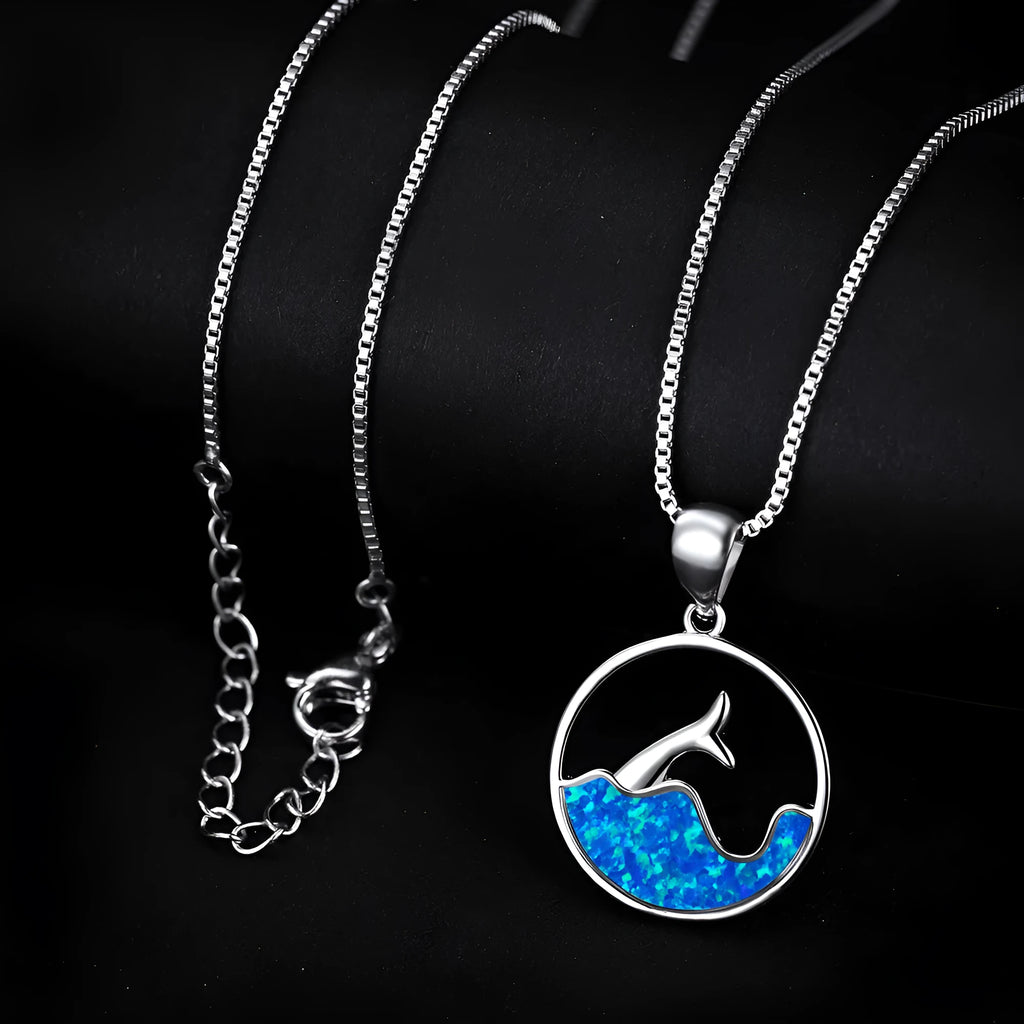 Geometric sea fishtail pendant necklace with a round blue opal stone and white gold electroplated finish