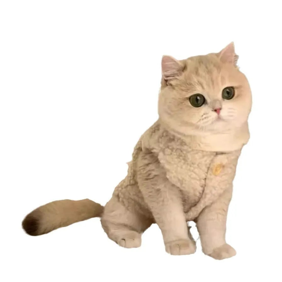 Apricot and brown lamb wool polar fleece cat winter vest showing front view on mannequin