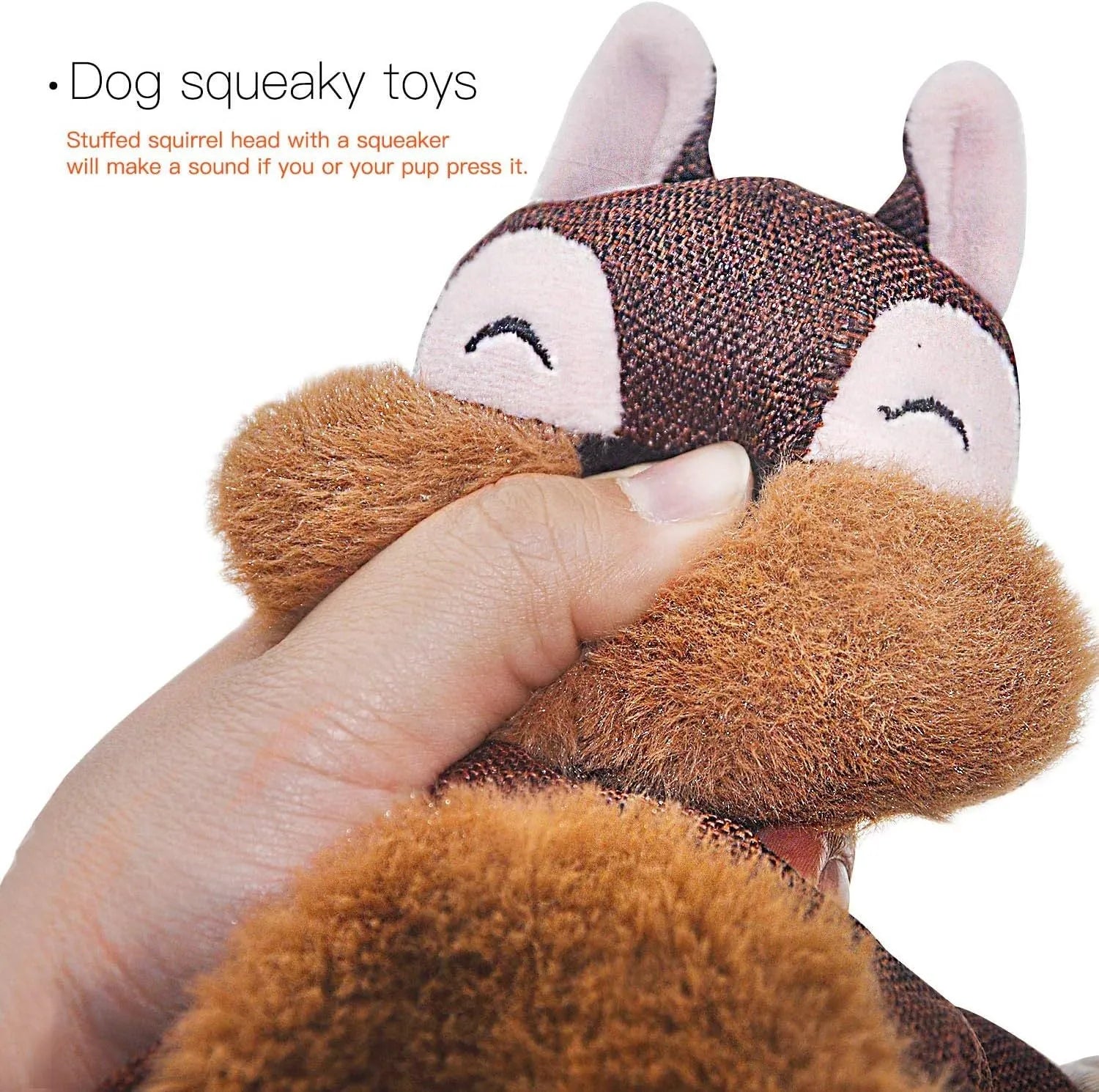 Brown fox dog toy with squeaker and crinkle paper, cotton rope arms and legs, embroidered eyes