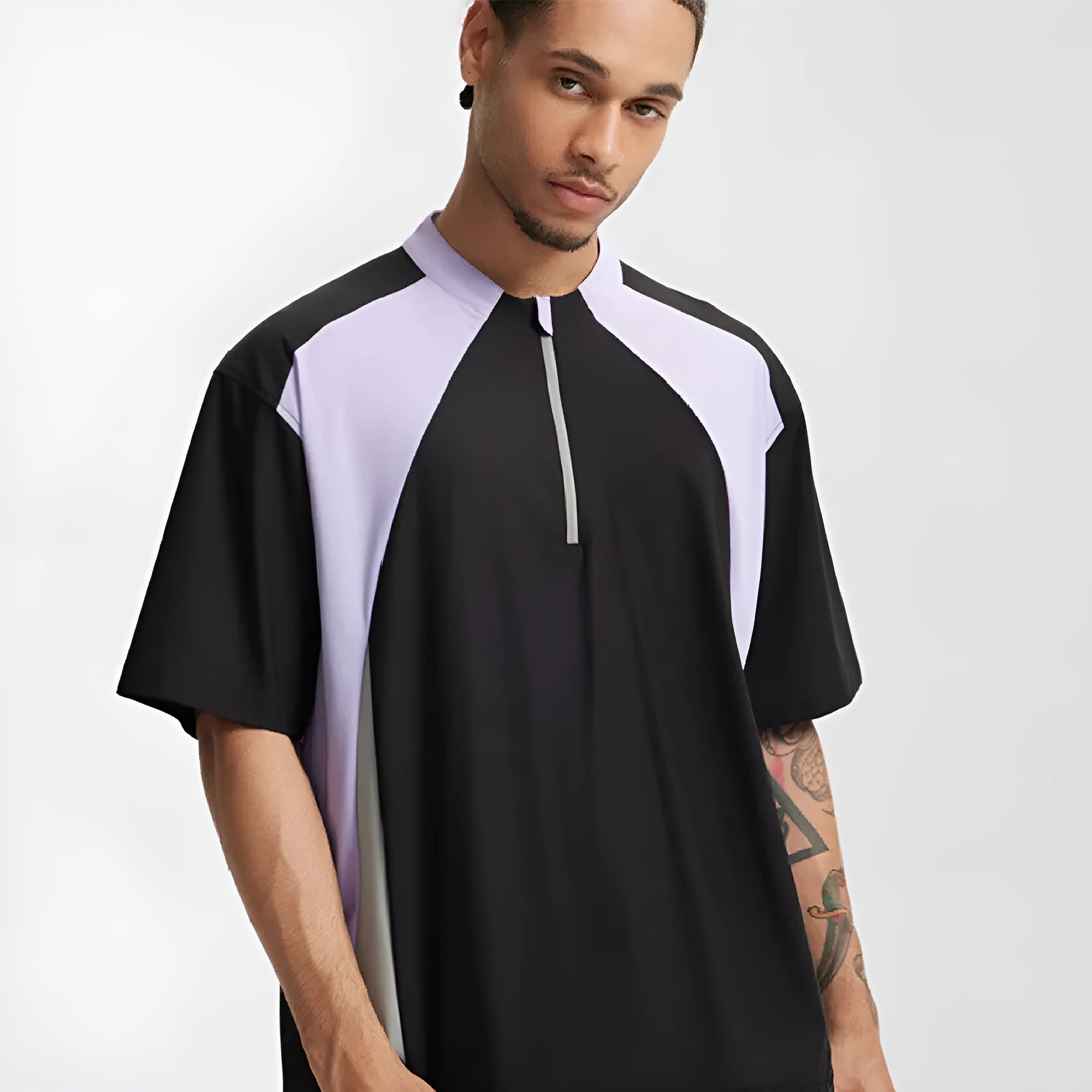 Men's lightweight polyester casual top in black and beige colour options with long and short sleeve variations