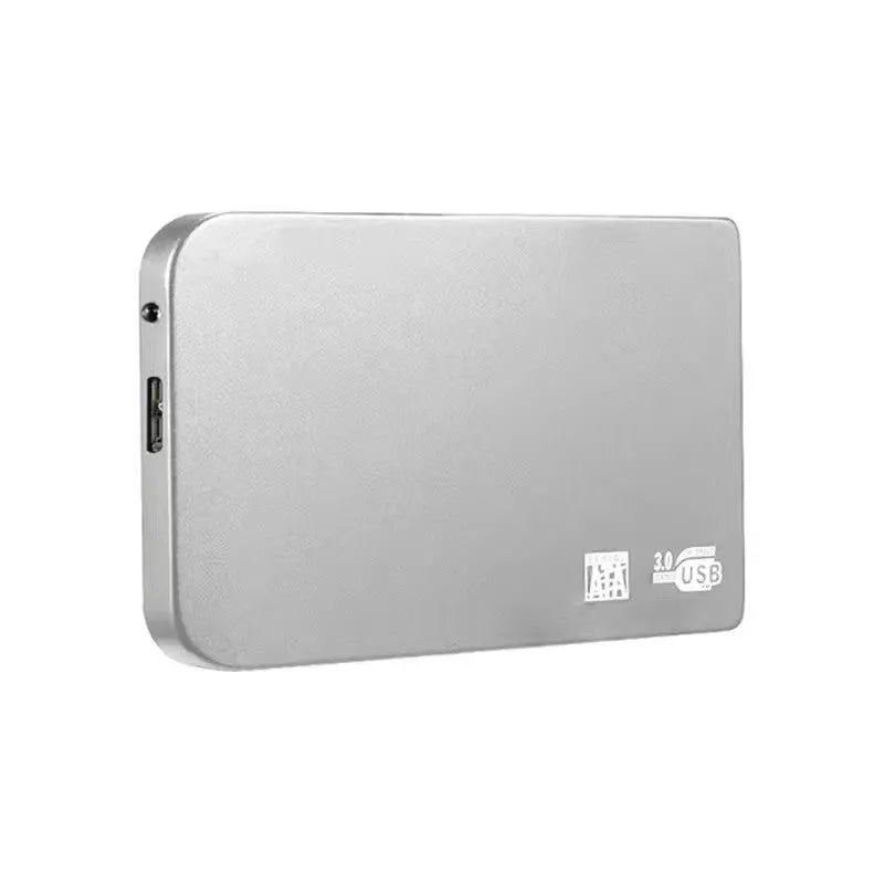 Silver USB 3.0 solid state external hard drive with metal shell and data cable