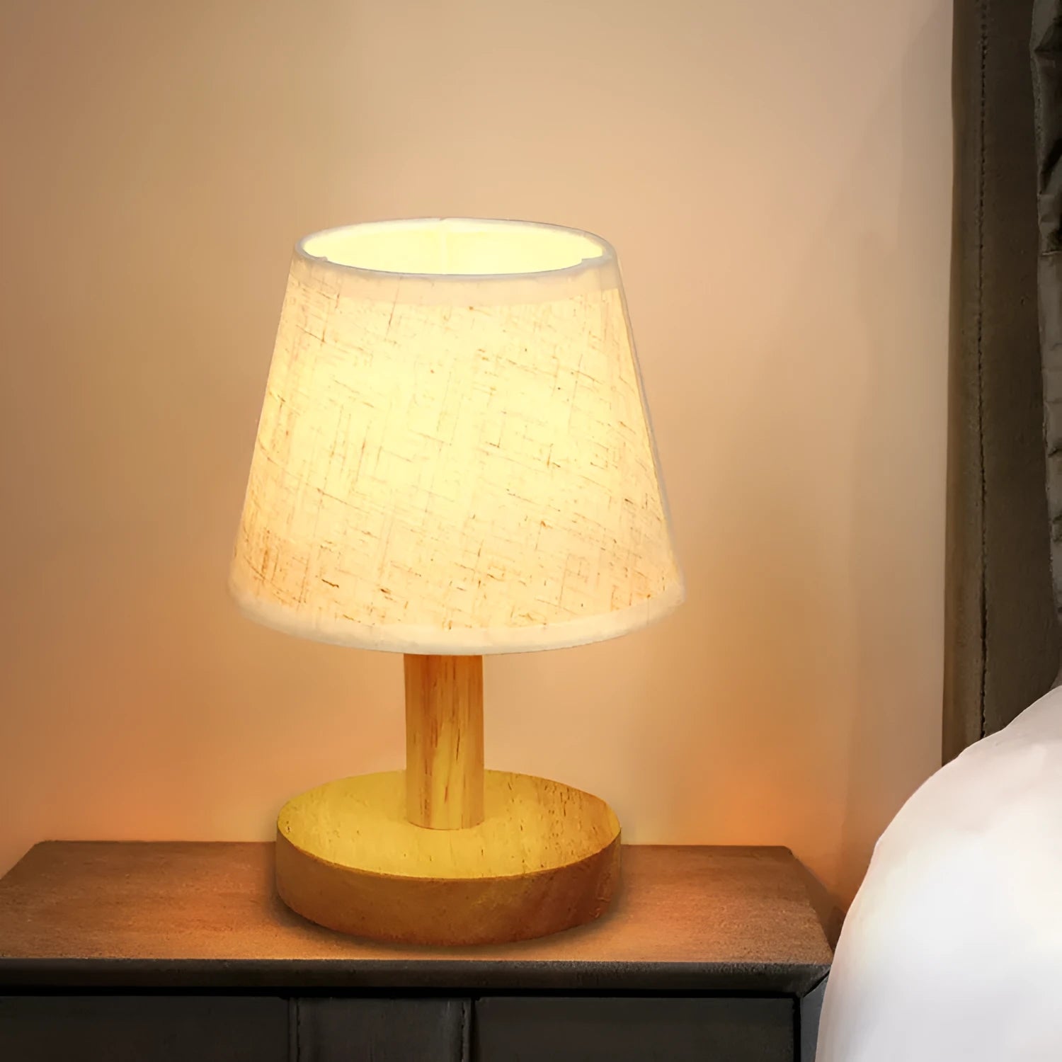 Korean style table lamp with natural jute and linen shade on bamboo lamp holder