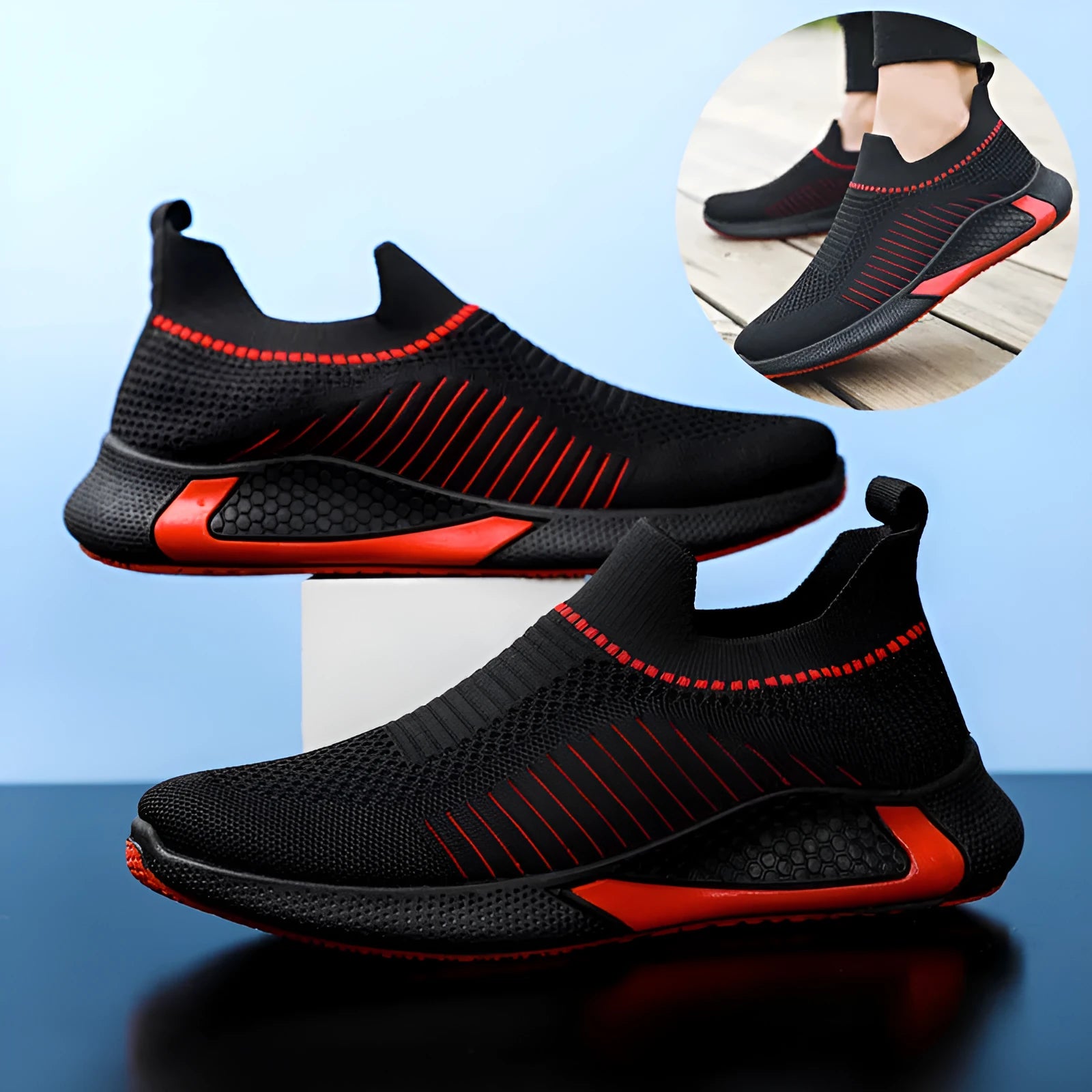 Men's striped mesh sock shoes with flyknit upper and plastic sole in black, black white, or white colour options