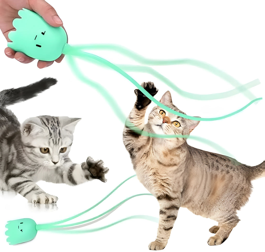 Automatic electronic cat wand toy with swinging silicone tails on green background