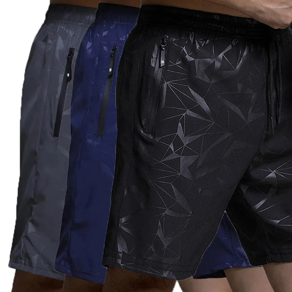 Men's loose black sports shorts with printed design for casual athletic wear and beach activities