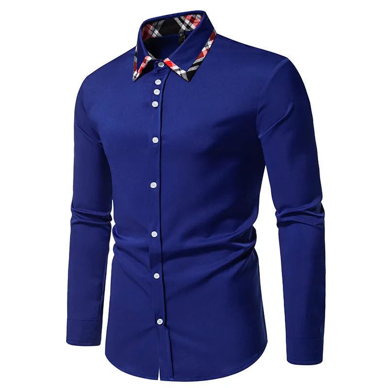 Man wearing a blue plaid contrast triangle collar long sleeve casual shirt.