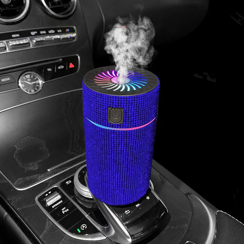 USB car air humidifier unit in multiple colour diamond finishes measuring 14cm by 7.5cm