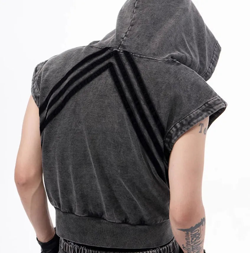 Yellow Korean streetwear set showing a hooded sleeveless vest and matching trousers on a hanger.