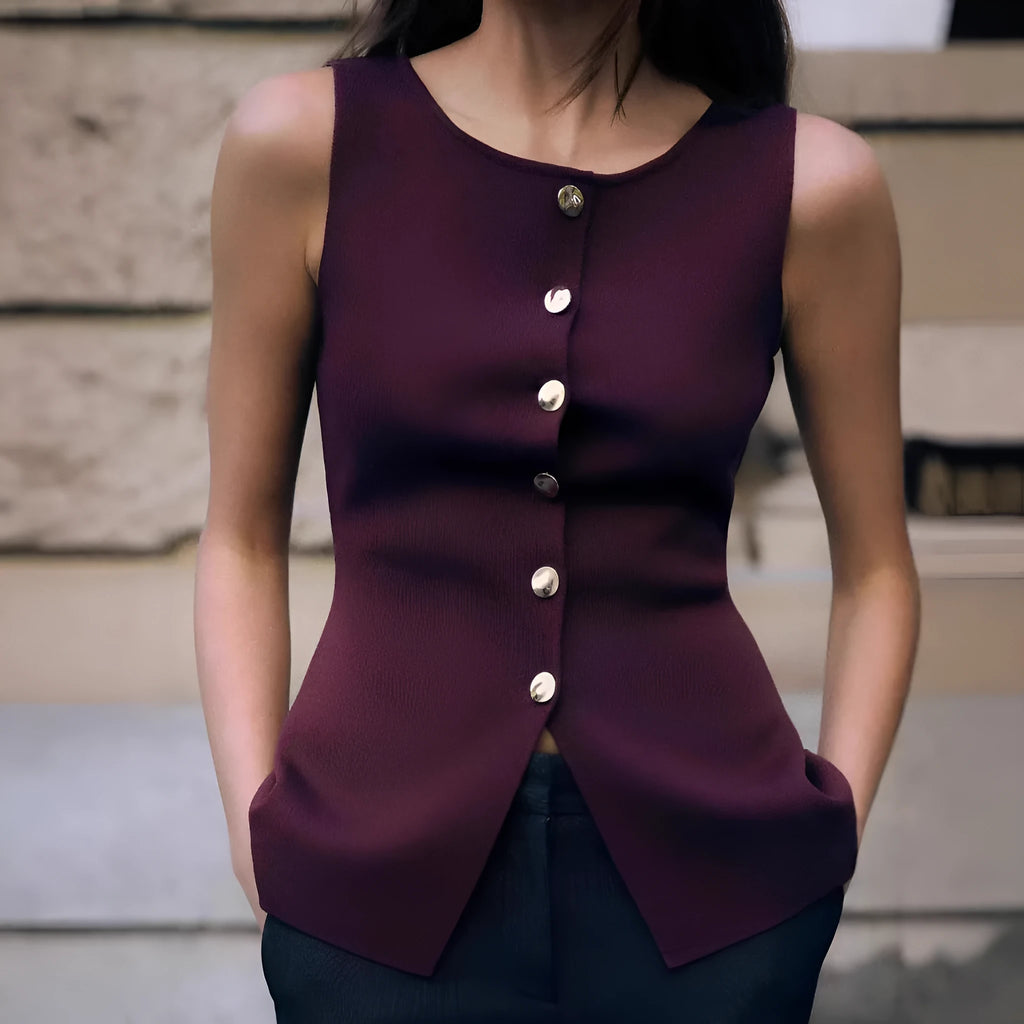 Women's dark red viscose sweater vest cardigan with gold buttons and 3D pattern, slim fit sleeveless design