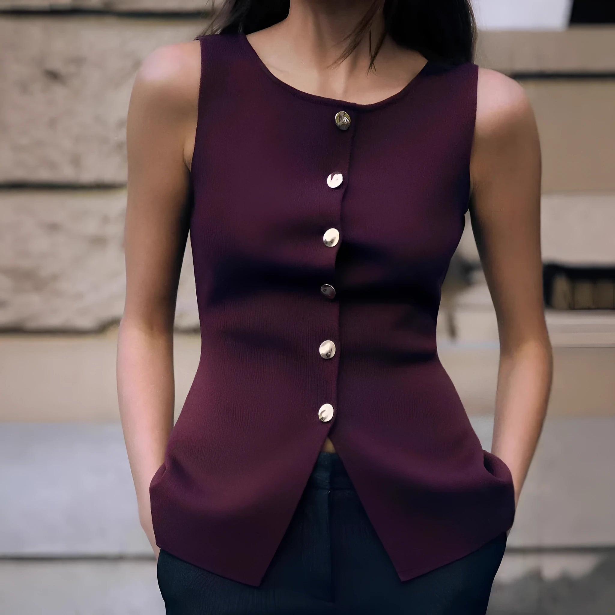 Women's dark red viscose sweater vest cardigan with gold buttons and 3D pattern, slim fit sleeveless design
