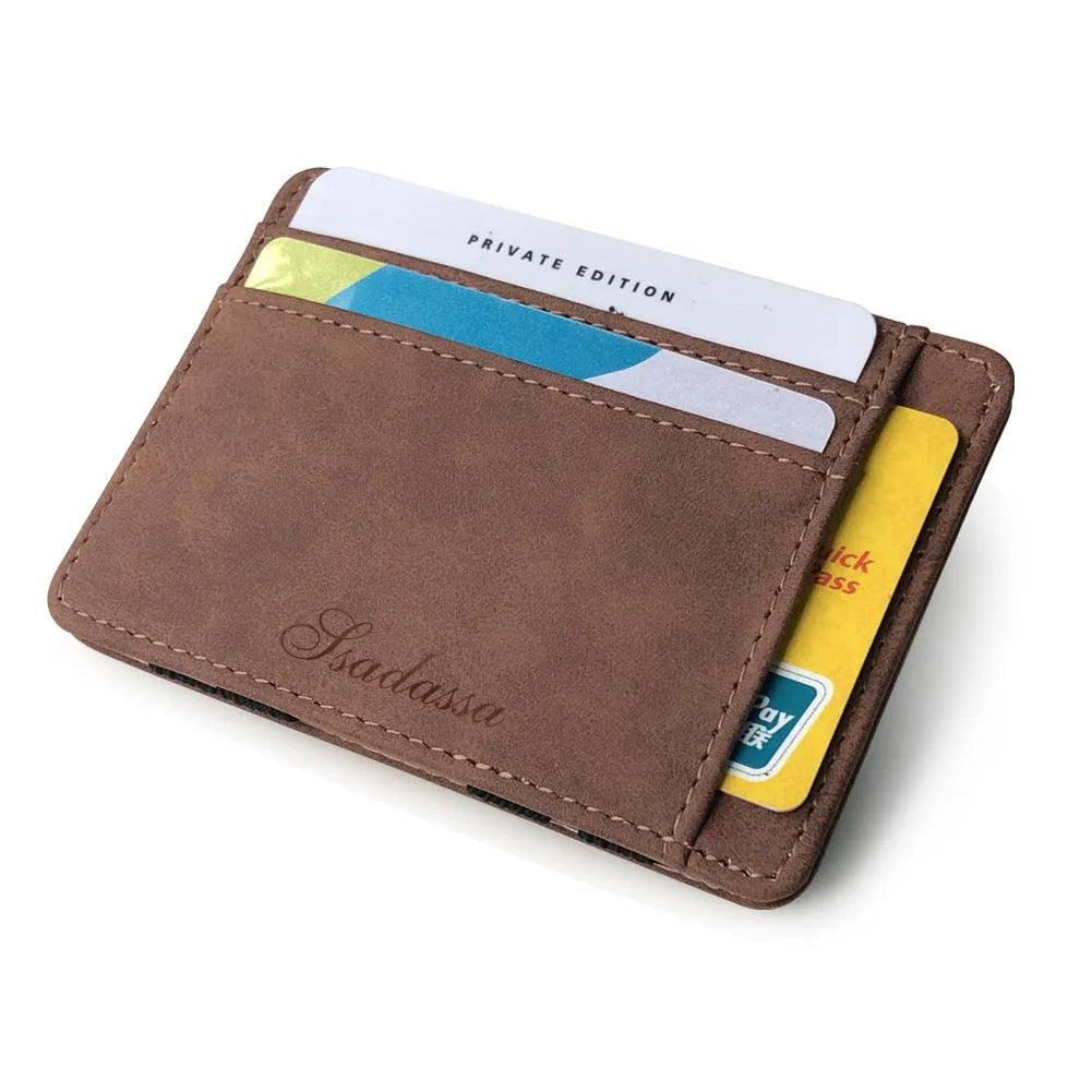 Korean style matte leather magic wallet in horizontal square shape, showing coin pocket and sewing line detail.