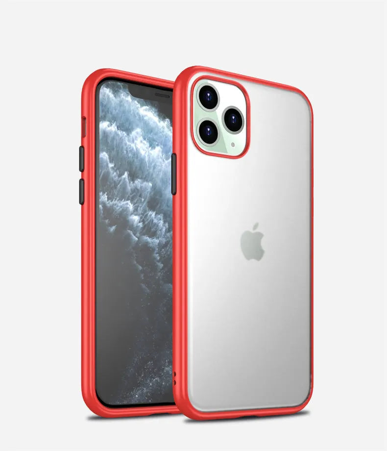 Frosted TPU phone case with scratch-resistant PC back in black, green, purple, and red colours