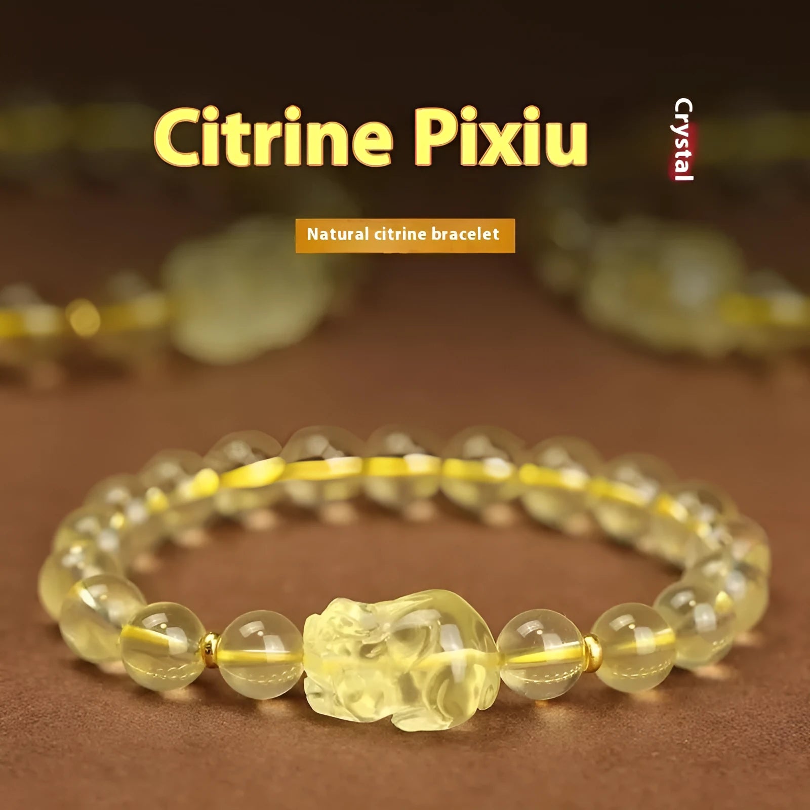 Yellow leather cord Pi Xiu bracelet with artificial crystal citrine beads in simple Chinese style
