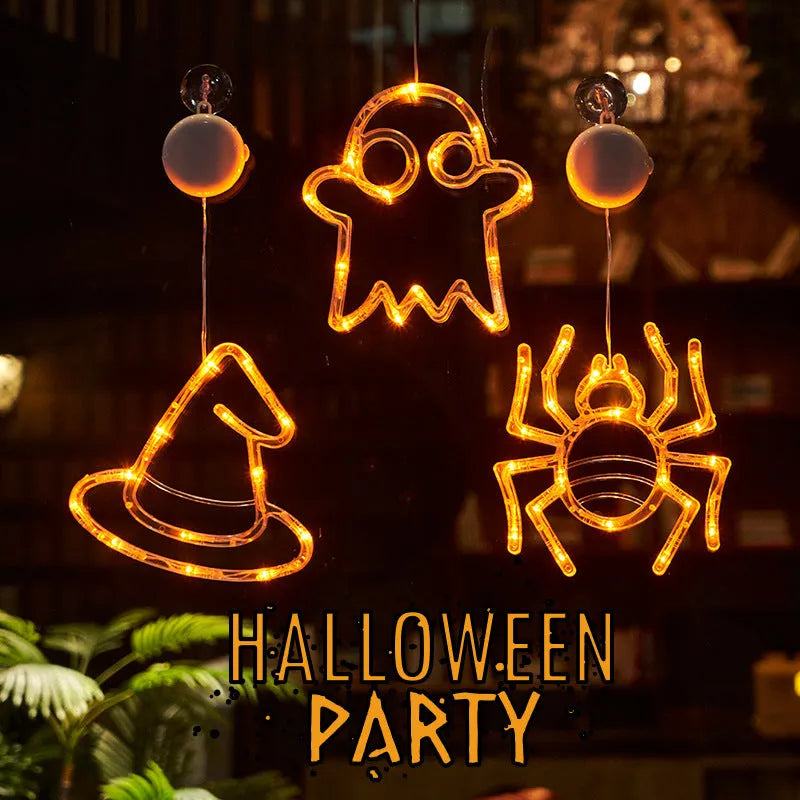 Halloween window hanging LED lights set with seven plastic decorations including spider, pumpkin, and ghost designs