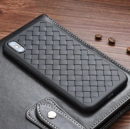 Luxury grid weaving iPhone case in eco-friendly TPU showing weaving pattern and precise port cutouts