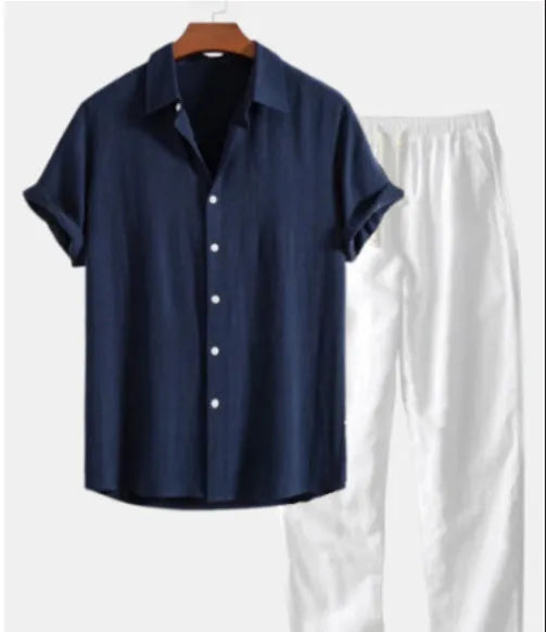 Men's slim fit suit shirt and trousers set with printed floral pattern in casual cardigan style