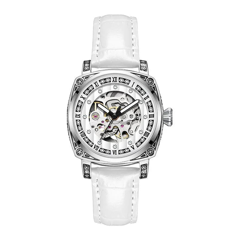 Mechanical wristwatch with luminous hands on leather strap, available in multiple colour dials