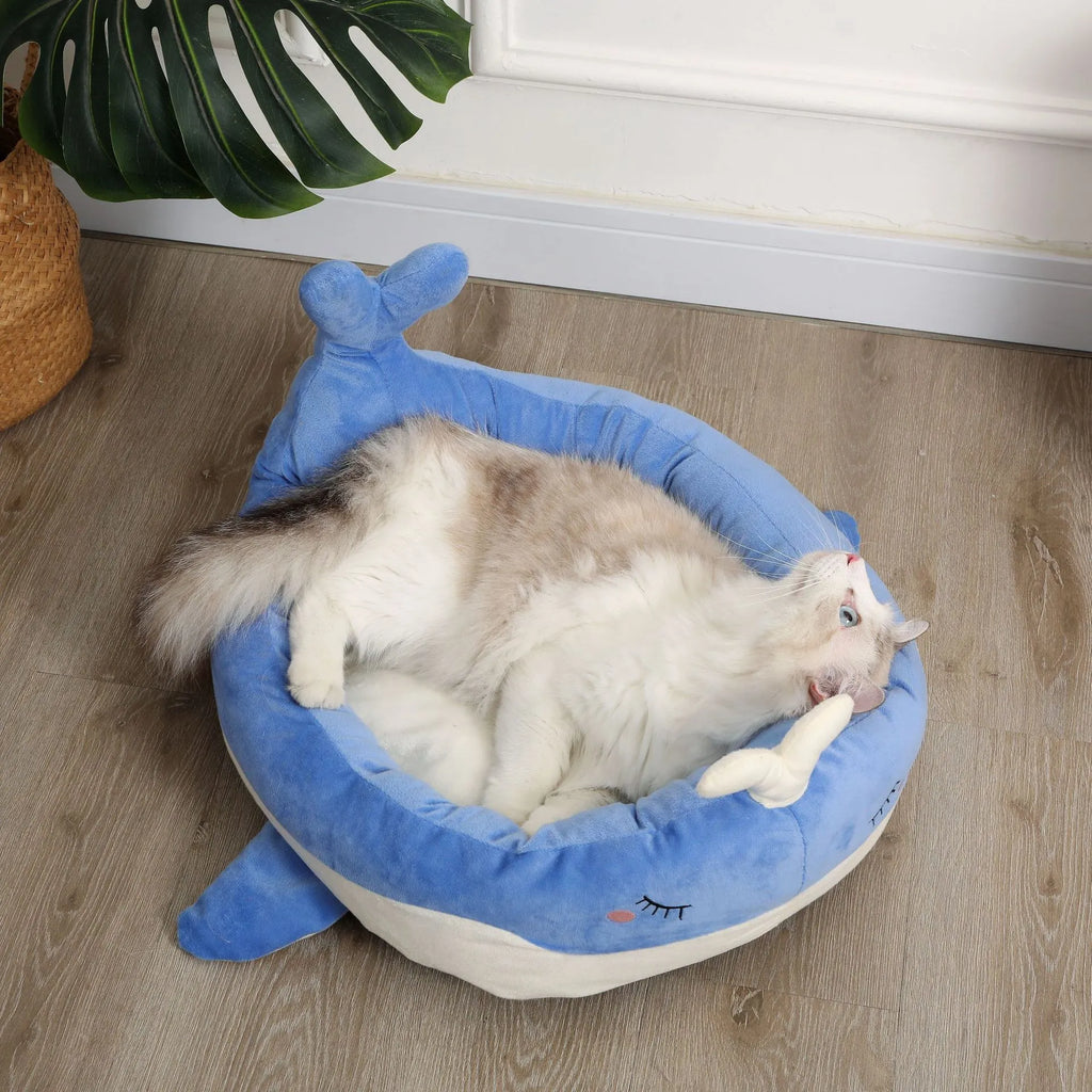 Blue duck-shaped pet bed sofa with soft polyester filling and raised edges