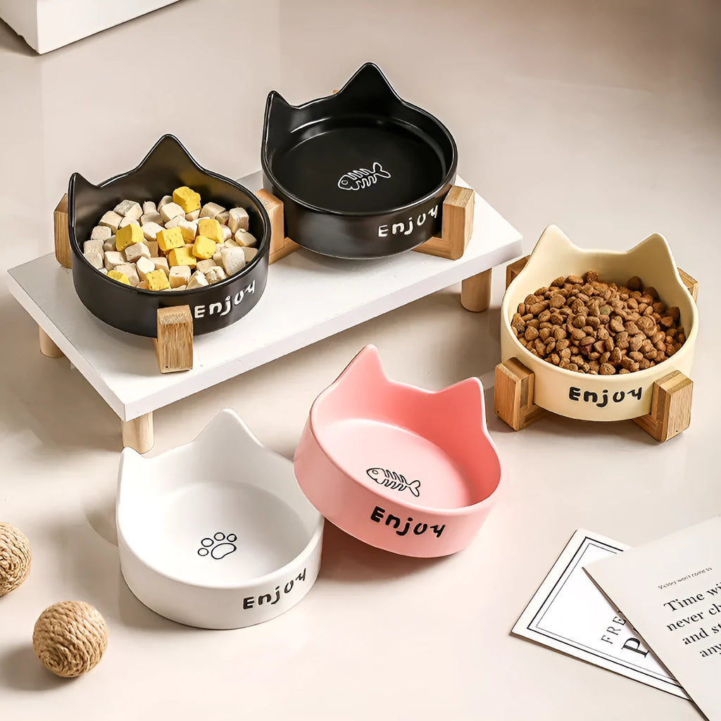 Porcelain cat bowl set with wooden frame in cat paw design