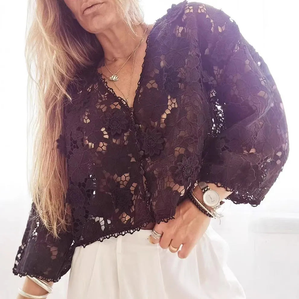 Women's loose fit lace cardigan with three-dimensional flower decoration and V-neck design