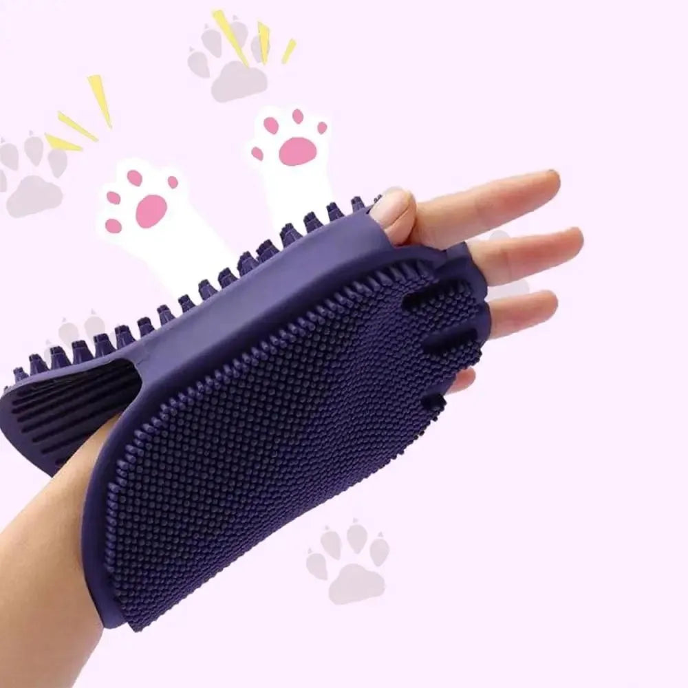 Purple pet shampoo brush with silicone bristles for dog and cat grooming during bathing
