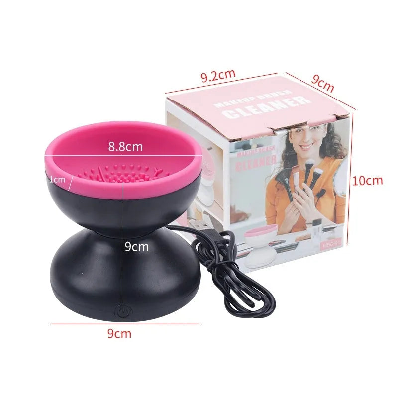 Electric makeup brush cleaner machine with ABS silicone body and compact 9 x 8.8 cm size in Black Rose Red