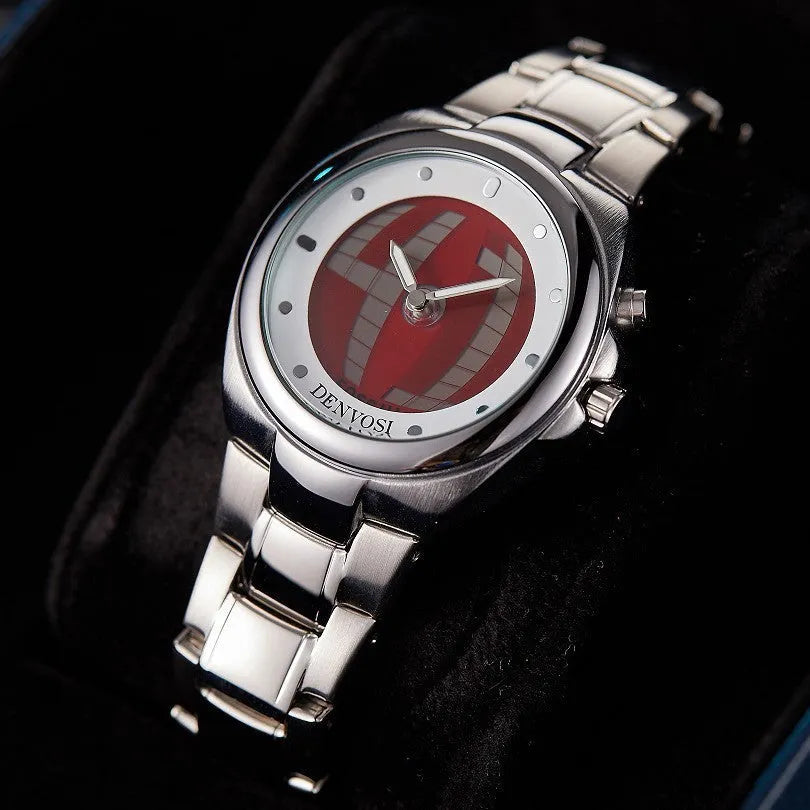 Y2K digital men's watch showing dual display with either red face or blue flame dial on alloy strap.