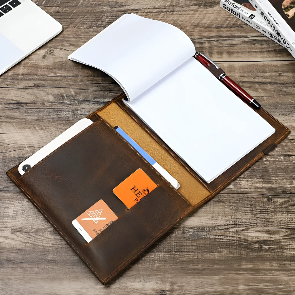 Brown Crazy Horse leather A5 notebook protective sleeve with socket-style closure