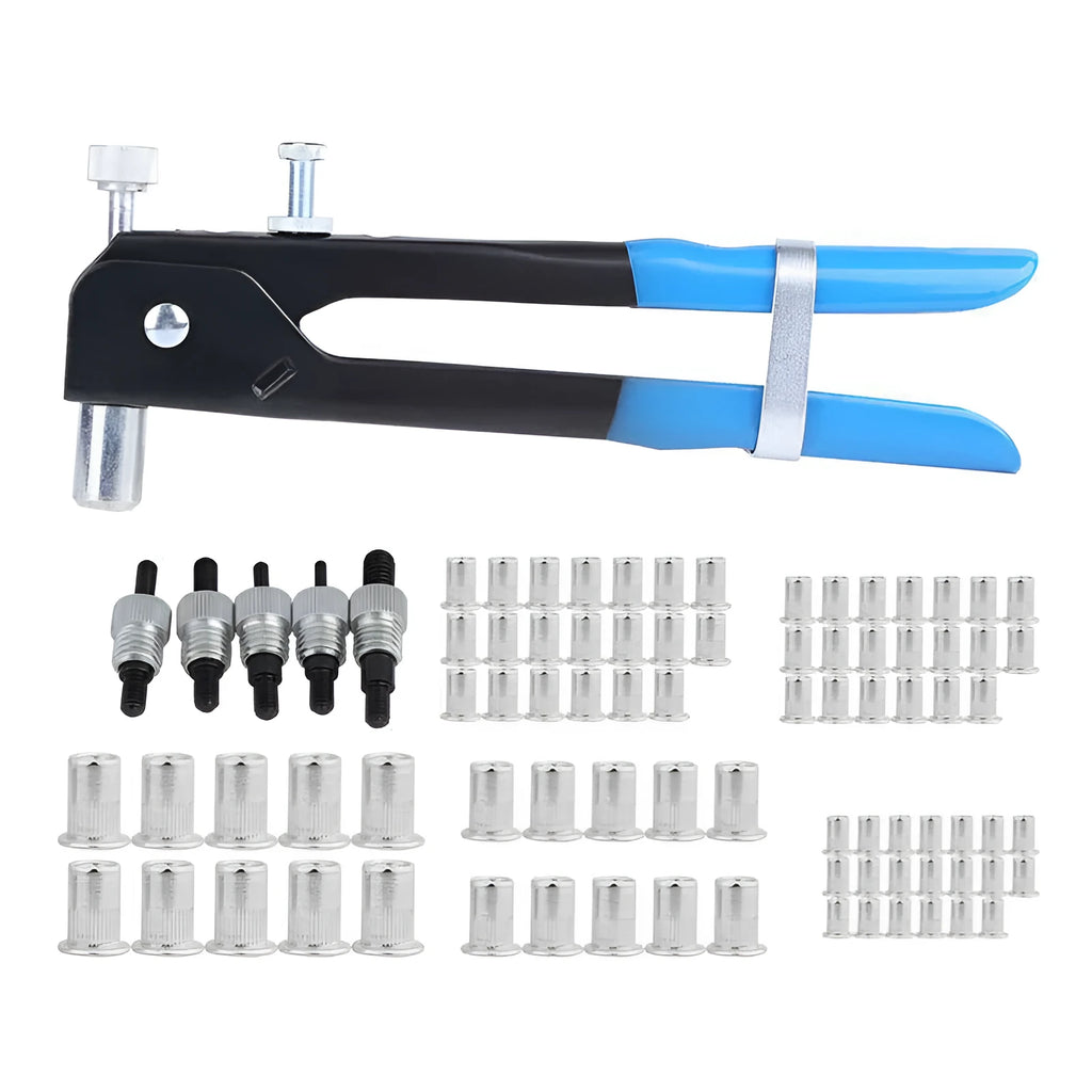 Alloy steel hand-held manual riveter tool with a selection of aluminium blind rivet nuts.