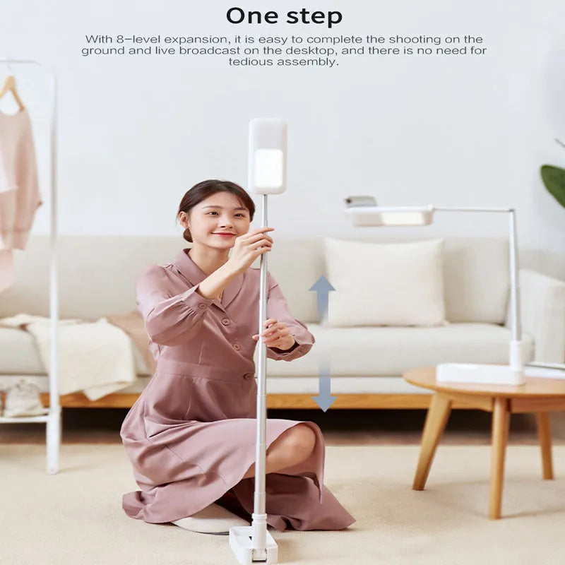 Floor-standing mobile phone fill light bracket with LED illumination and telescopic folding design