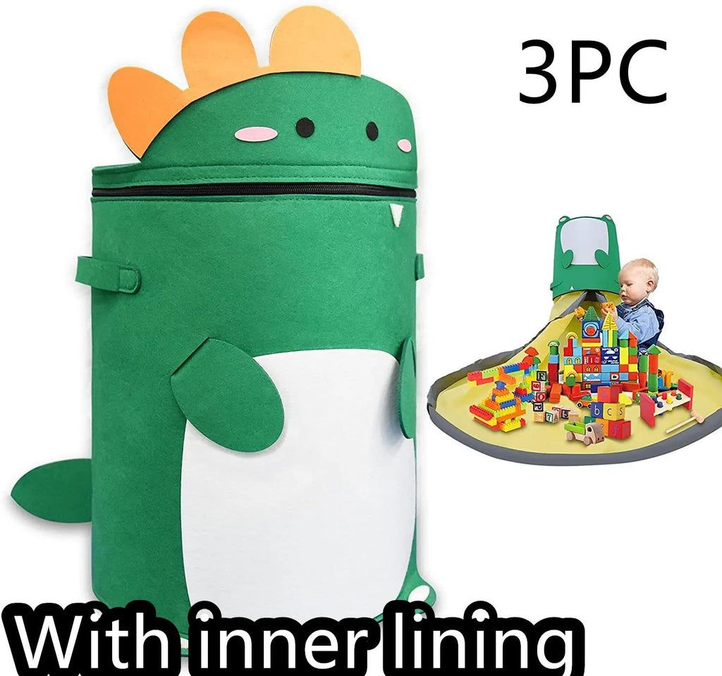 Green felt storage bag shown as both a flat play mat and gathered cube with pull rope closure