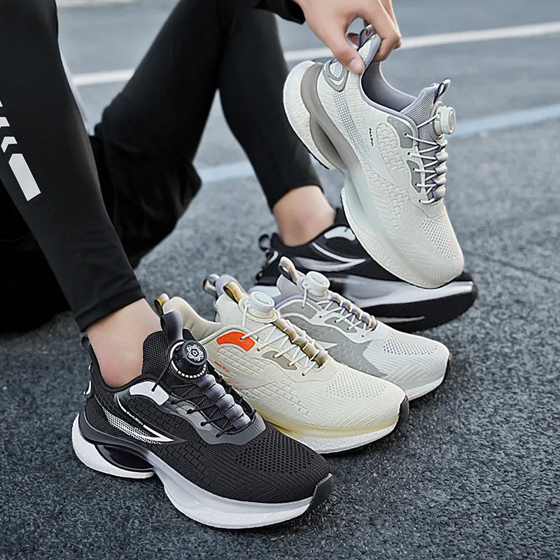 Rotating buckle running shoes in white with breathable mesh upper and low-top design