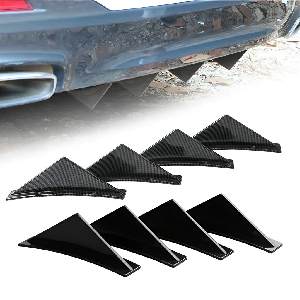 Set of four universal triangle rear spoilers for cars in bright black and carbon fibre finishes