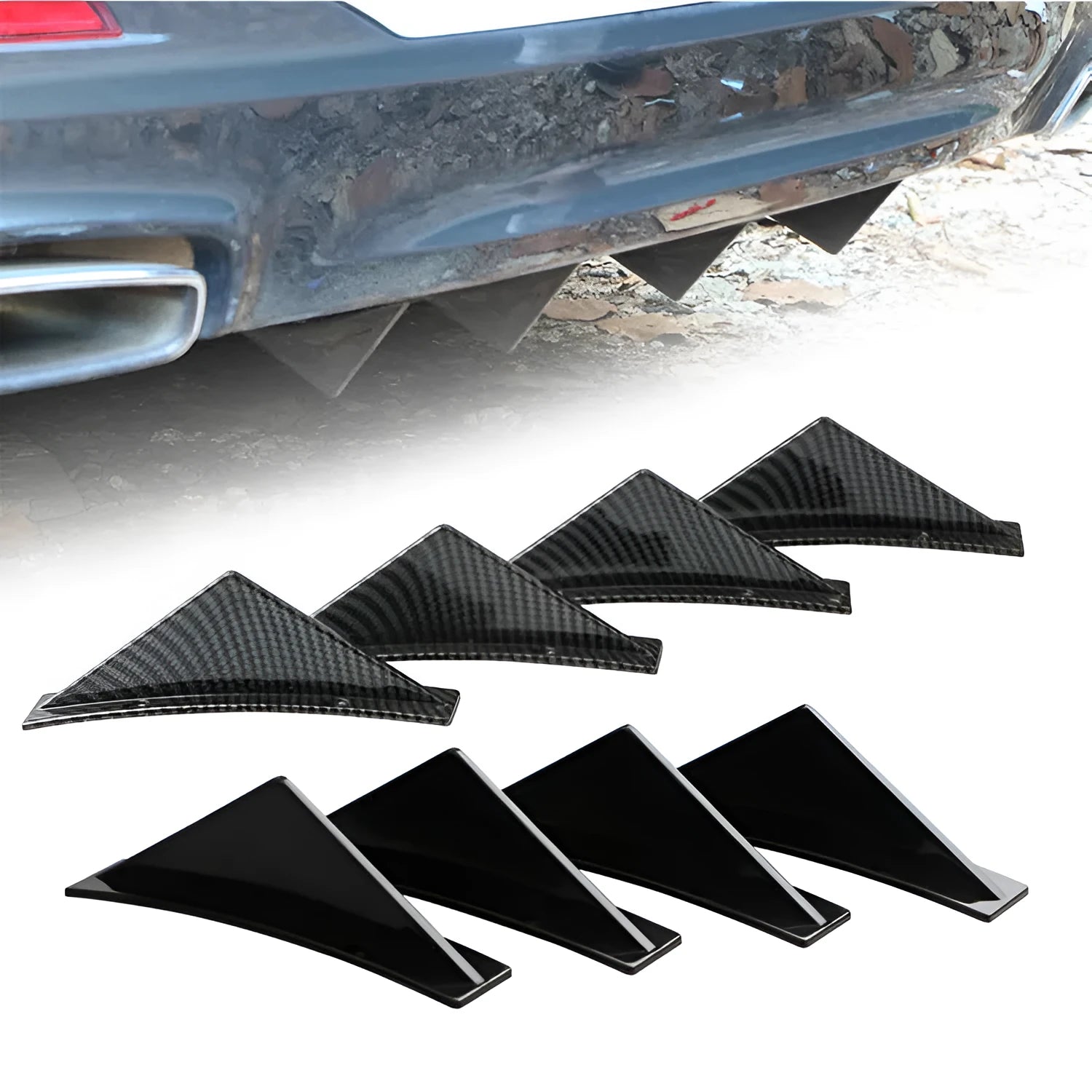Set of four universal triangle rear spoilers for cars in bright black and carbon fibre finishes