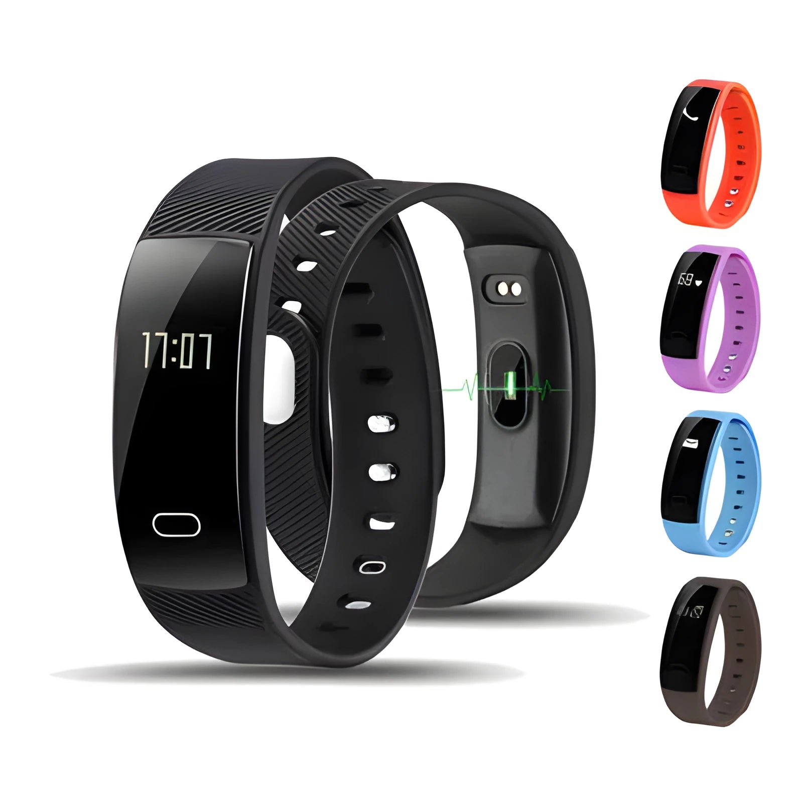 Smart bracelet with OLED display showing health metrics in multiple colour options